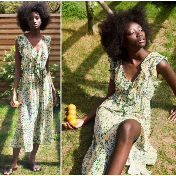ZARA Chiffon Midi Dress Women Small Floral Print Ruffle V-Neck Sleeveless Slit - Picture 1 of 12